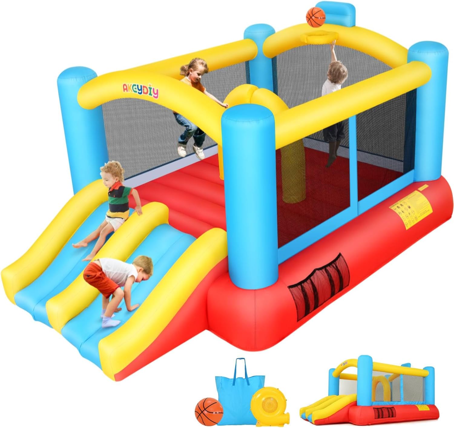 Kids Outdoor Basketball Hoop - Inflatable Bouncy Castle with Double Slide