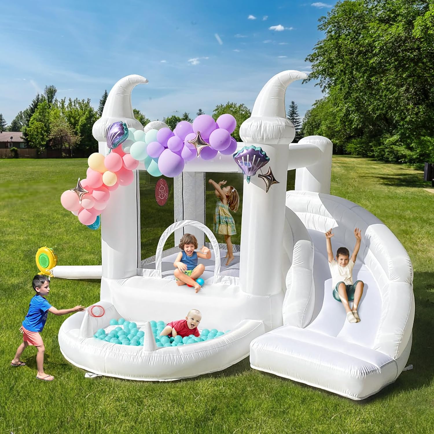 Kids Outdoor Play Area - White Inflatable Bouncy Castle 3-in-1 for